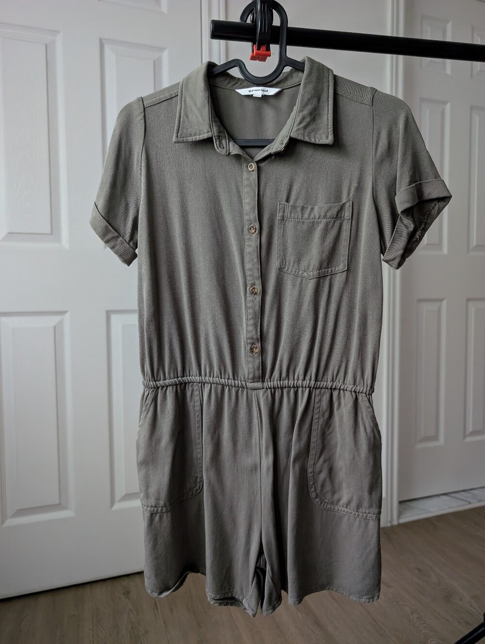 Casual Button-Front Short Sleeve Romper in Olive For Girl